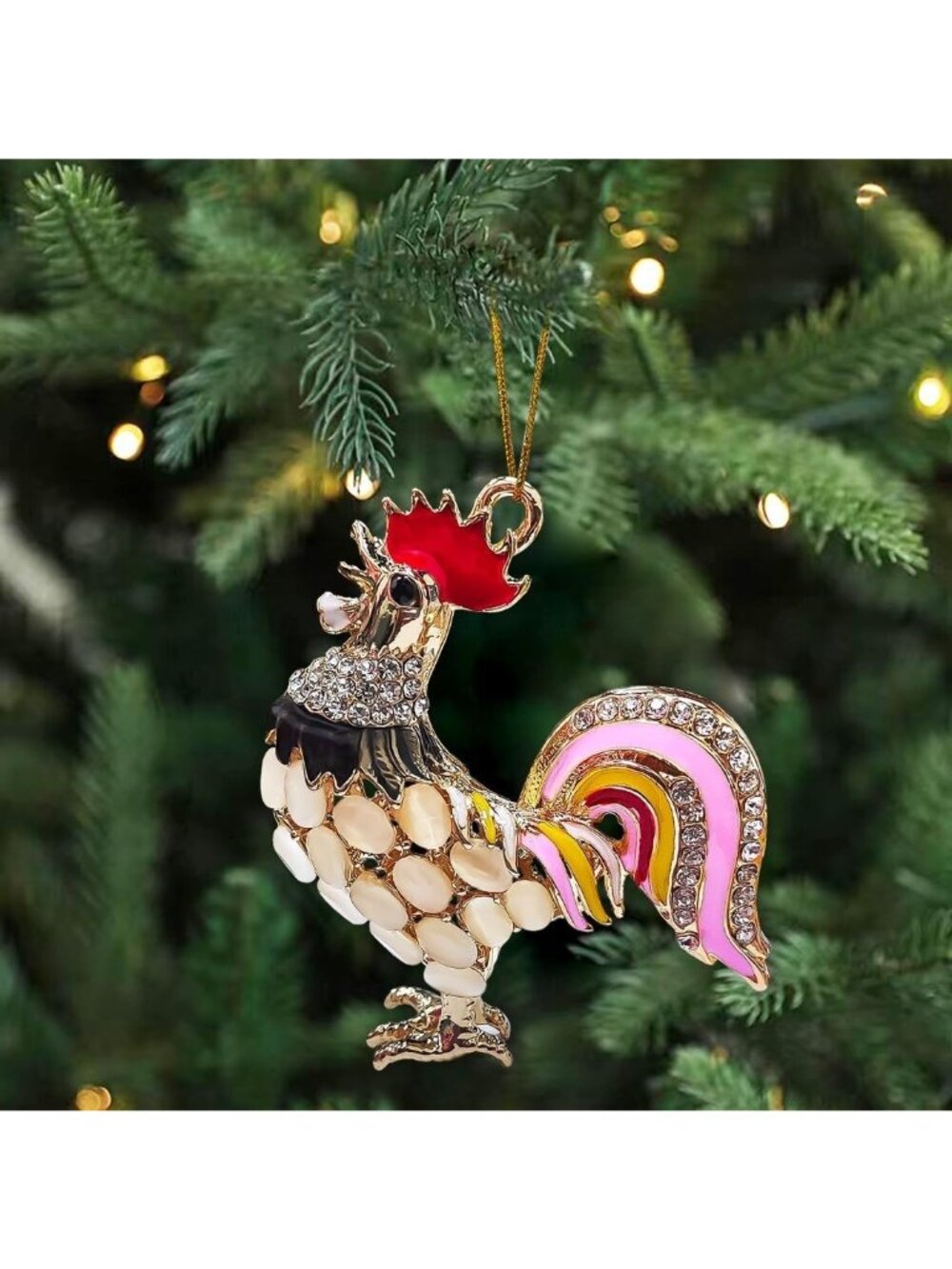 Chicken Rooster Ornaments for Christmas Tree Metal Rooster with Rhinestones - Picture 2 of 2